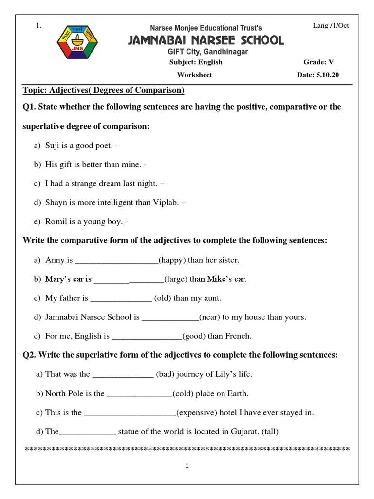 Degrees of Comparison Worksheet for Grade 5 | PDF | Language Arts ...