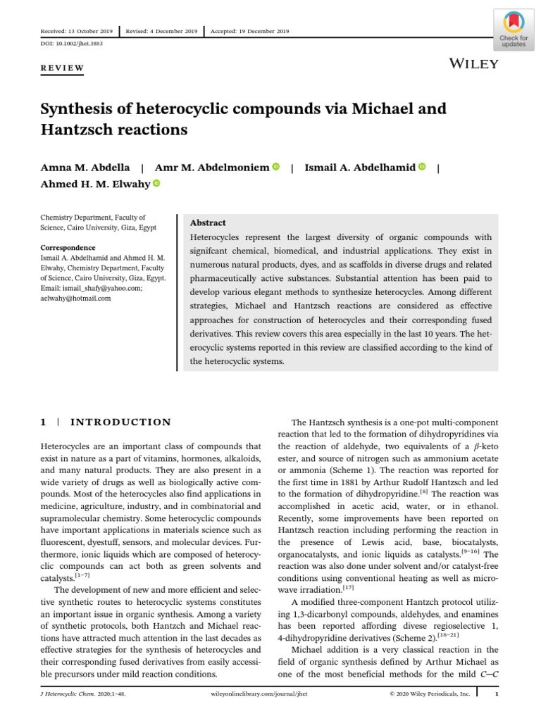 Synthesis of Heterocyclic Compounds Via Michael and Hantzsch Reactions ...