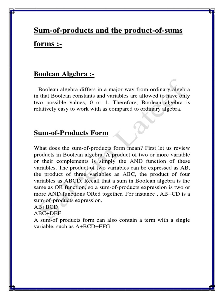 Sum-Of-Products and The Product-Of-Sums Forms:-: Boolean Algebra | PDF