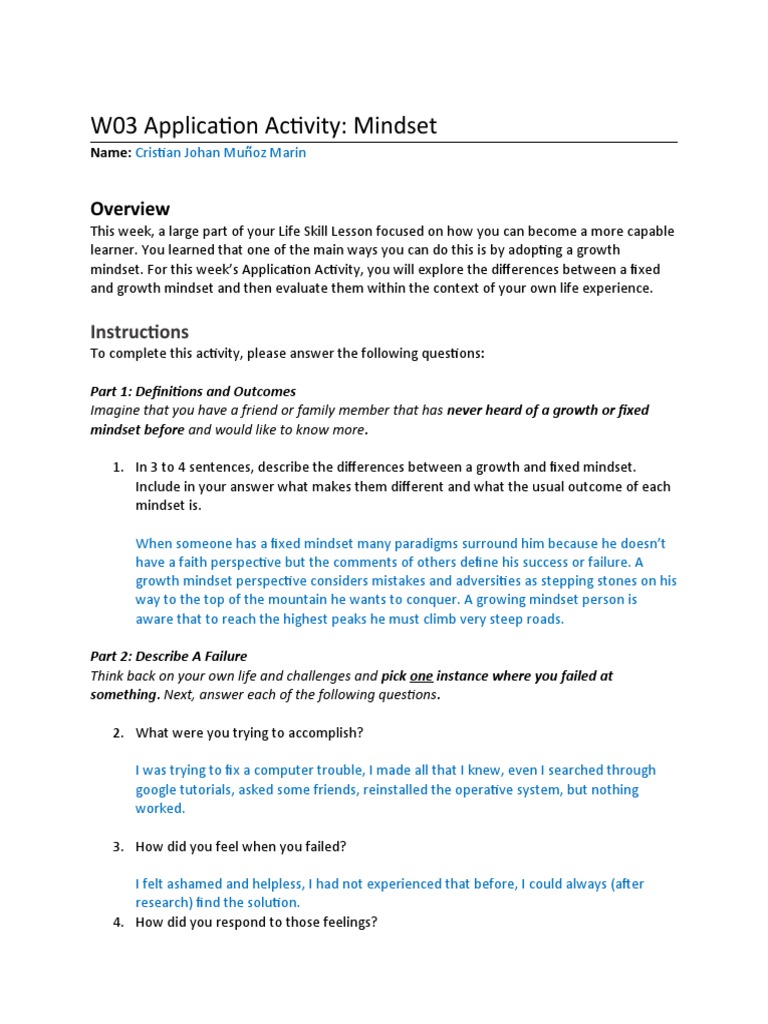 Growth vs. Fixed Mindset Reflection | PDF | Mindset ...
