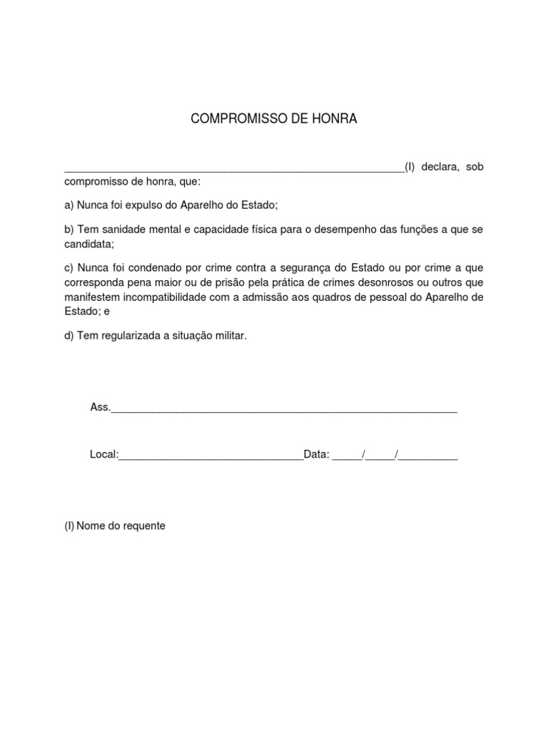 Declaração de Compromisso de Honra para Admissão ao Aparelho do Estado ...