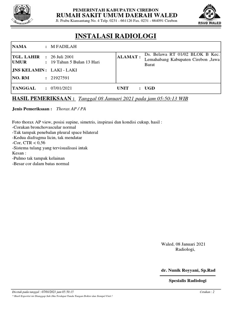 Hasil Pemeriksaan Radiologi Thorax | PDF