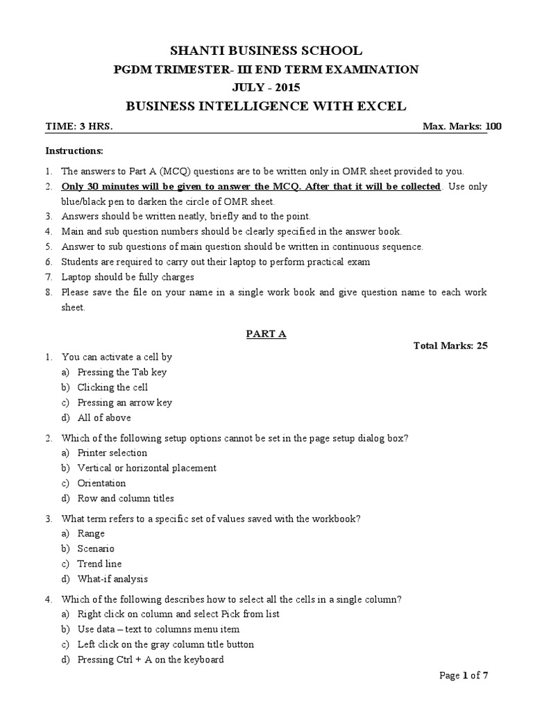 BI With Excel Quetsion Paper Ver1.0 | PDF | Microsoft Excel | Computing