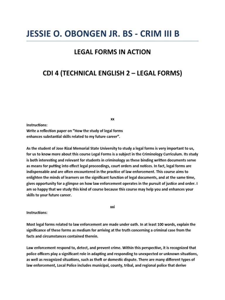 Jessie O. Obongen Jr. Bs Crim Iii B Legal Forms in Action Cdi 4