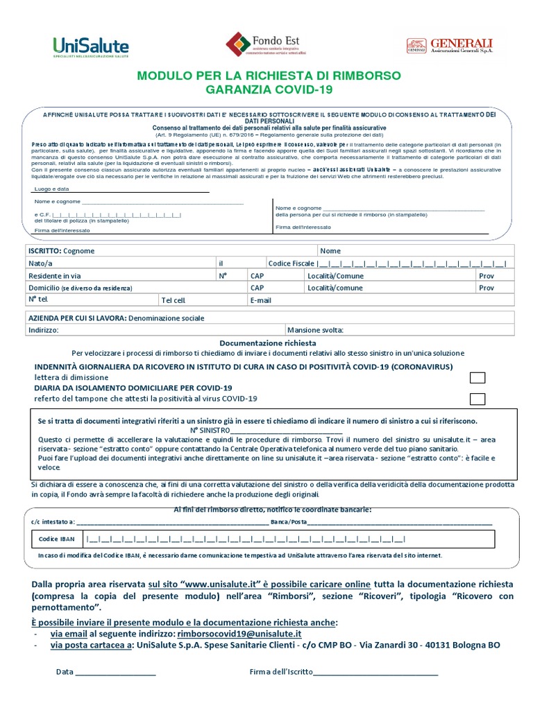 Modulo Di Rimborso UniSalute Garanzia Covid-19 | PDF