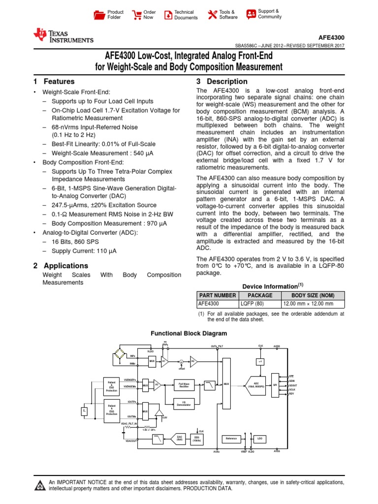 AFE4300 Low-Cost, Integrated Analog Front-End For Weight-Scale and Body ...
