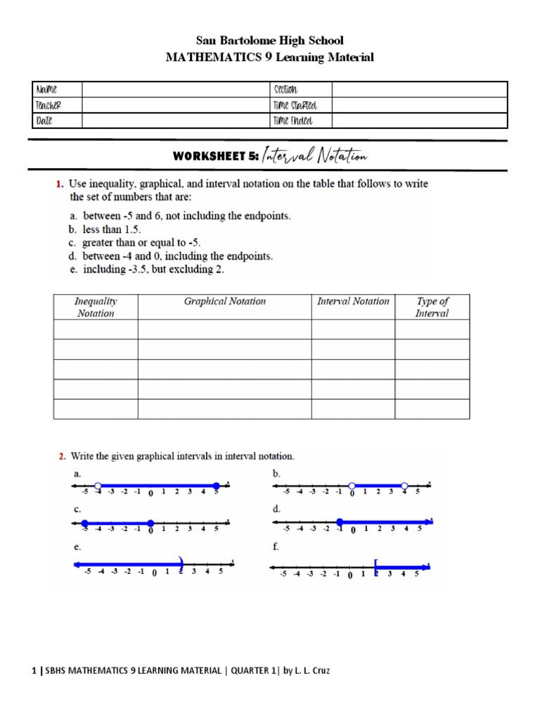 Math 9: Interval Notation Worksheet | PDF