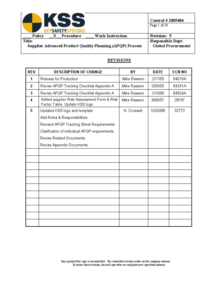 APQP Supplier Procedure PDF Specification (Technical Standard