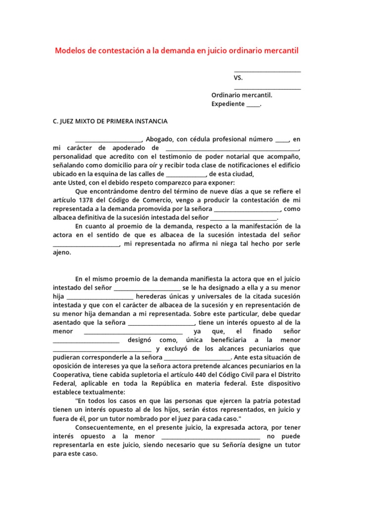 Modelo Contestación A La Demanda en Juicio Ordinario Mercantil | PDF |  Cooperativa | Demanda judicial