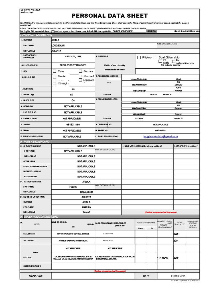 Personal Data Sheet: Filipino Dual Citizenship by Birth by ...