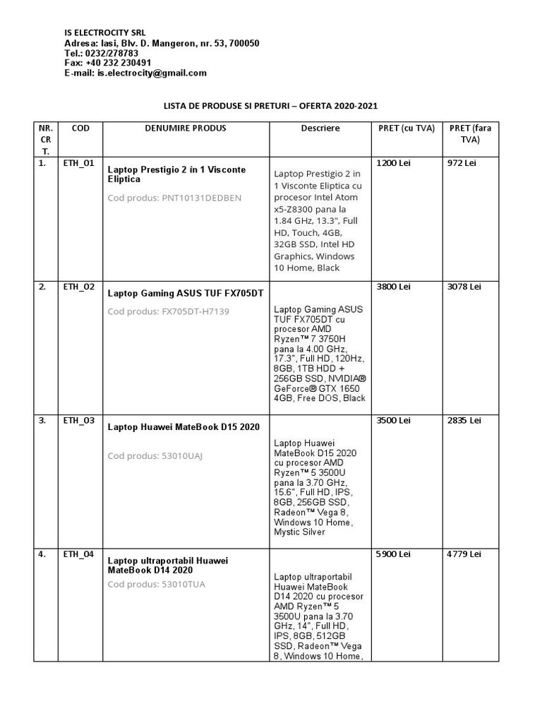 NR. CR T. COD Denumire Produs Descriere Pret (Cu Tva) PRET (Fara Tva) 1 ...