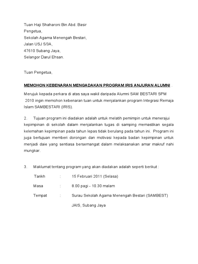 Surat Memohon Kebenaran Mengadakan Program Pdf