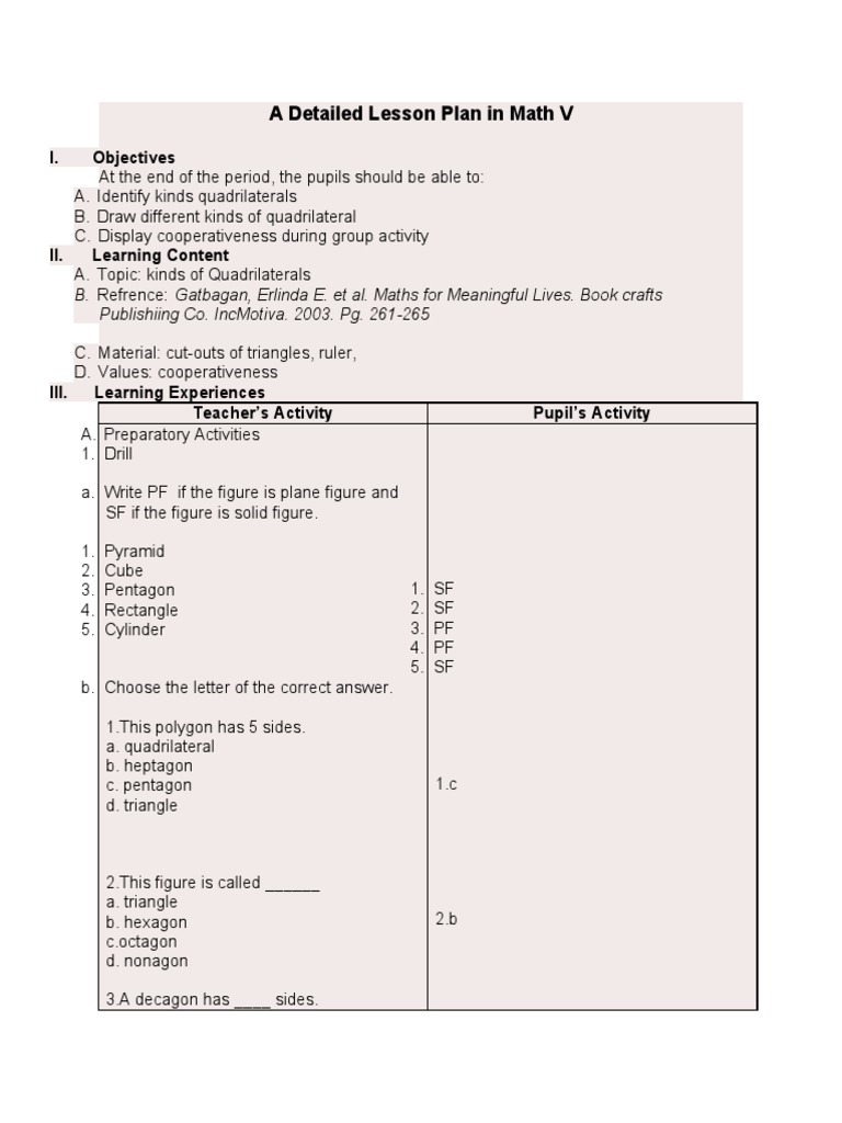 Lesson Plan: Understanding Quadrilaterals | PDF | Rectangle | Euclidean ...