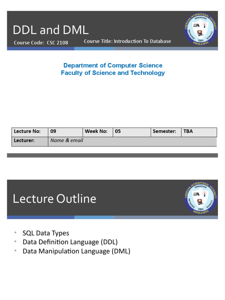 DDL and DML: Department of Computer Science Faculty of Science and ...