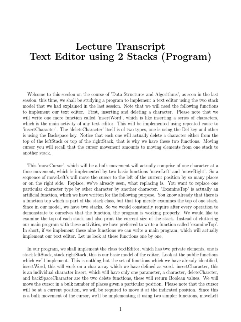 CS213.2x Session 10 Text Editor Using 2 Stacks Program IIT Bombay