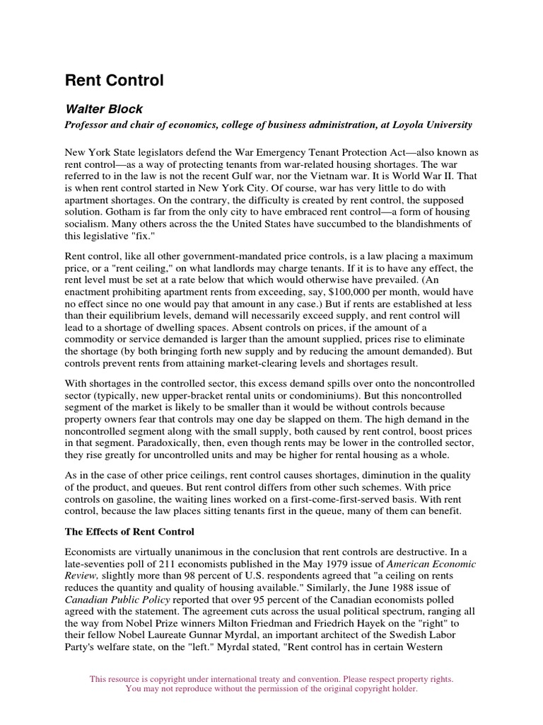 Rent Control Walter Block PDF Rent Regulation Landlord