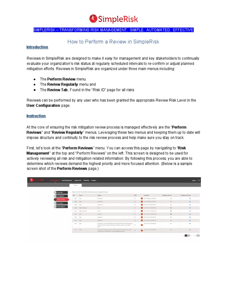 How To Perform A Review in SimpleRisk | PDF | Menu (Computing) | Risk ...