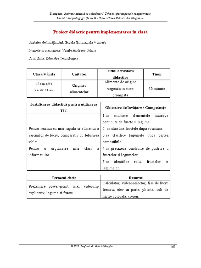 Proiect Didactic Implementare in Clasa | PDF