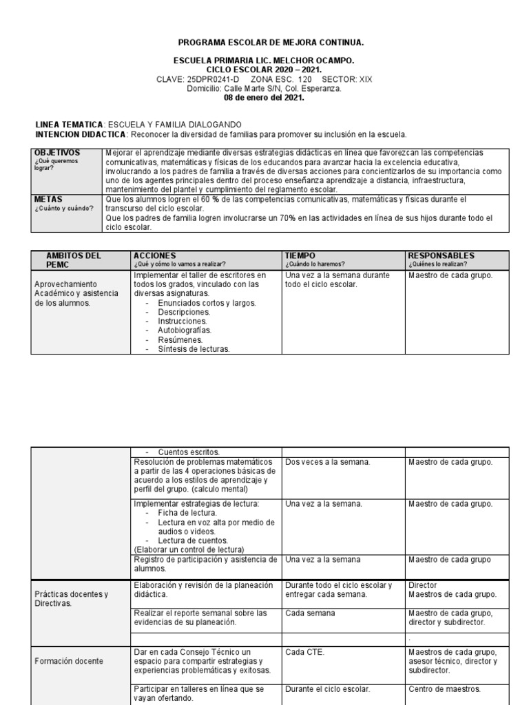 Programa de Mejora Continua Escolar 2021 | PDF | Educación primaria ...