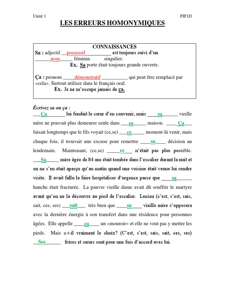 Erreurs homonymiques : sa, ça, on, ont | PDF | Pronom | Linguistique