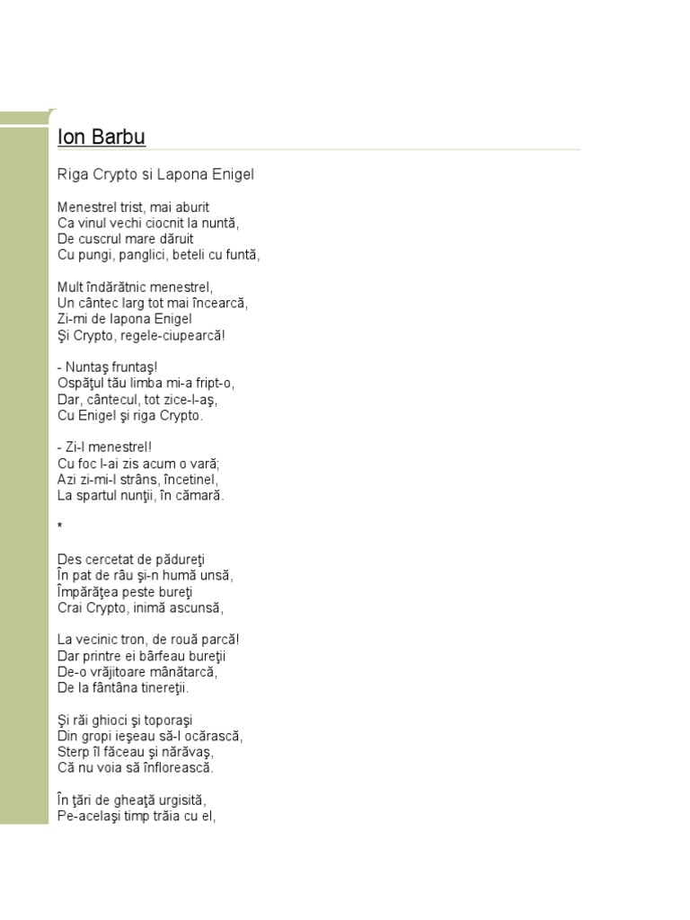 Ion Barbu-Riga Crypto Si Lapona Enigel | PDF