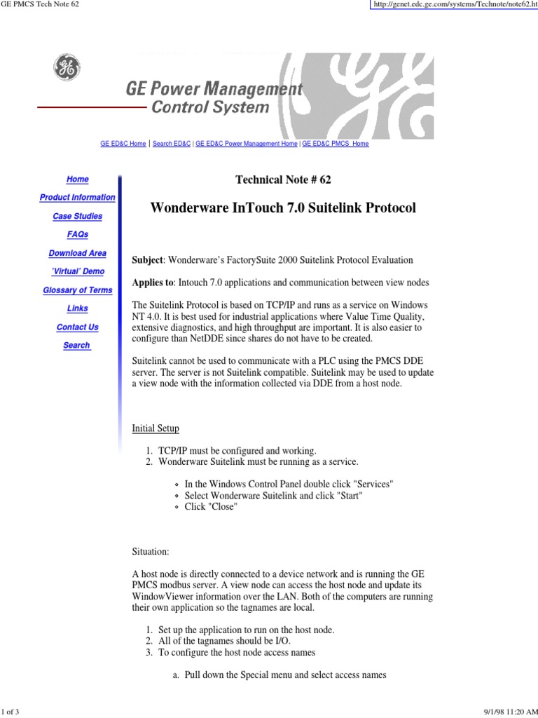 Wonderware InTouch™ 7.0 Suitelink Protocol PDF | PDF | Node (Networking ...