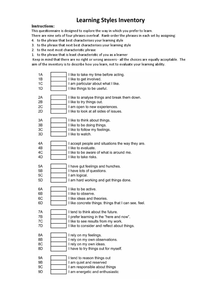 Learning Styles Inventory PDF Learning Styles Theory