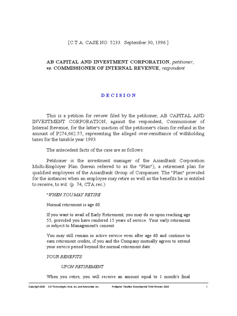 AB Capital and Investment Corp. v. CIR (CTA Case No. 5233, September 30, 1996) PDF Taxation