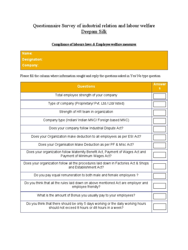 Questionnaire Labour Welfare | PDF | Employment | Business