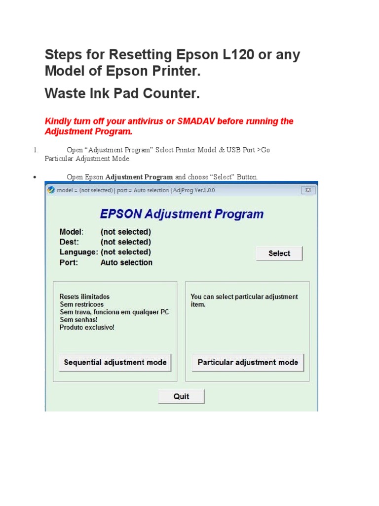 Reset Epson Printer Waste Ink Pad Counter Using Adjustment Program | PDF