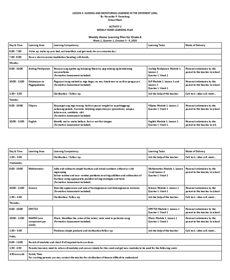 Weekly Home Learning Plan For Grade 6 | PDF | Communication | Applied ...