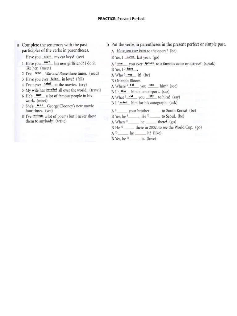 Present Perfect Practice Exercises | PDF