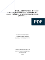 Análisis de La Sentencia T-041 18 en Luz de Los Principios de La Sana Crítica y Responsabilidad Judicial