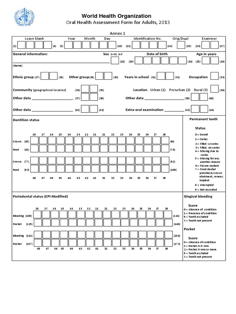 Oral Health Assessment Form For Adults, 2013 | PDF | Dentures | Tooth