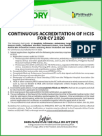 Continuous Accreditation of Hcis FOR CY 2020: Bgen Augustus H de Villa MD Afp (Ret)