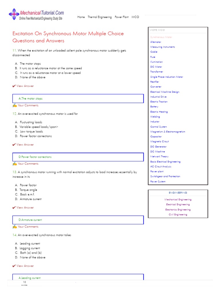 Excitation On Synchronous Motor Multiple Choice Questions (MCQ) and