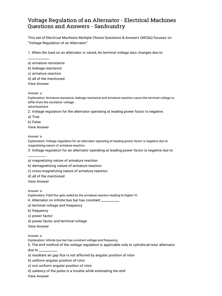 Voltage Regulation of An Alternator Electrical Machines Questions and Answers Sanfoundry