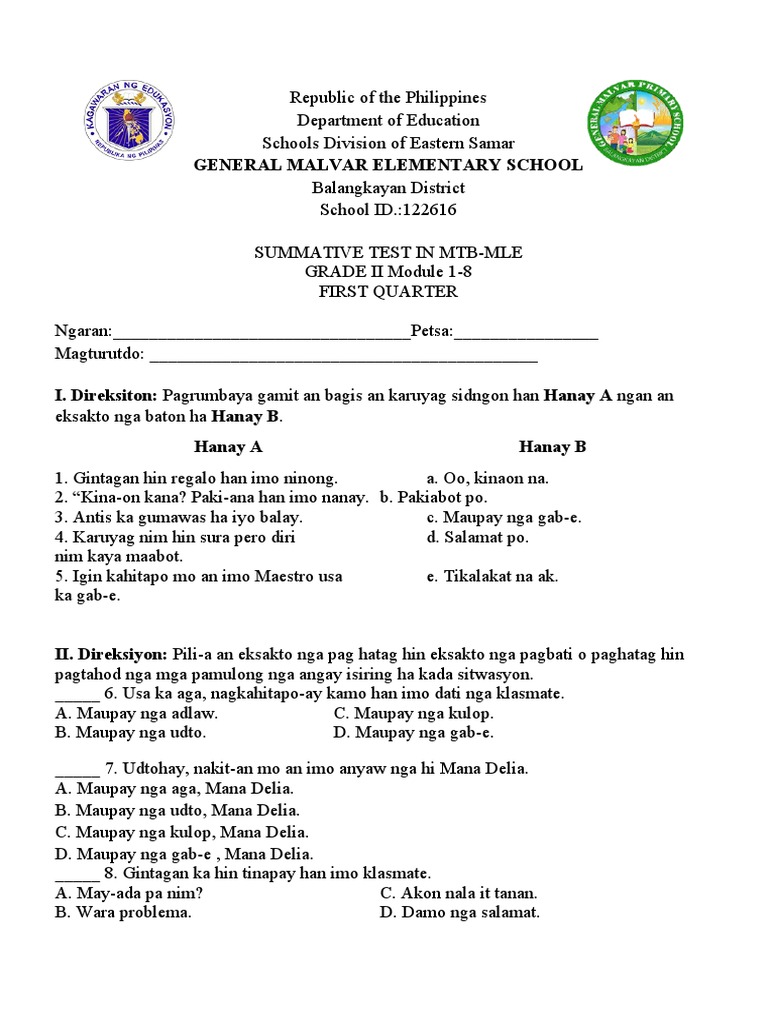 Summative Test in MTB MLE 2 Q1 | PDF