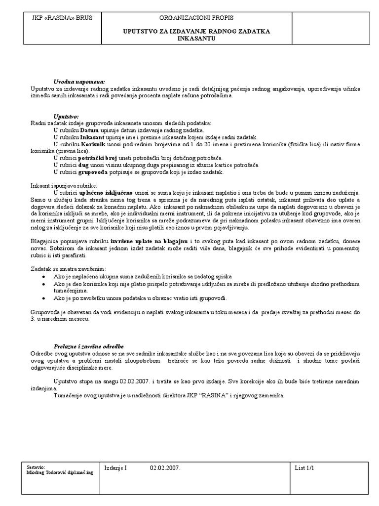 ORGANIZACIONI PROPIS Za Inkasante | PDF