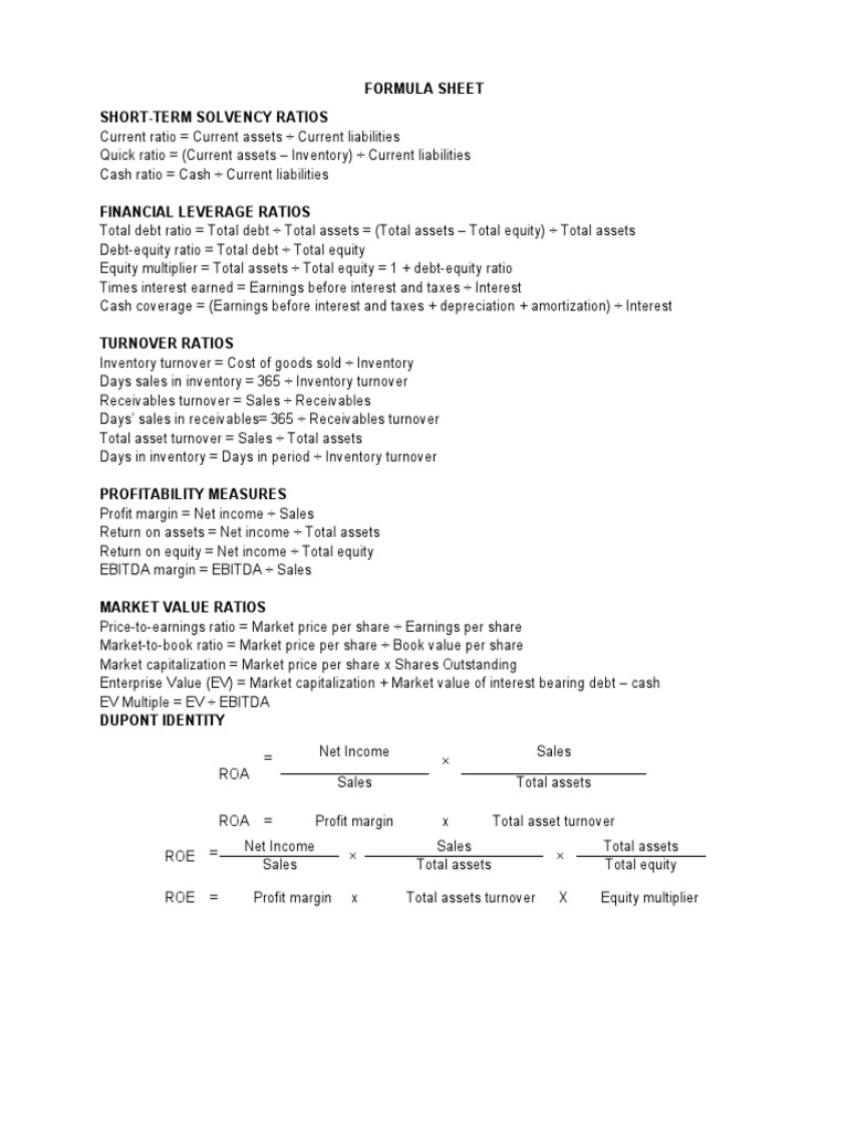 Formula Sheet Short-Term Solvency Ratios | PDF | Leverage (Finance) |  Equity (Finance)