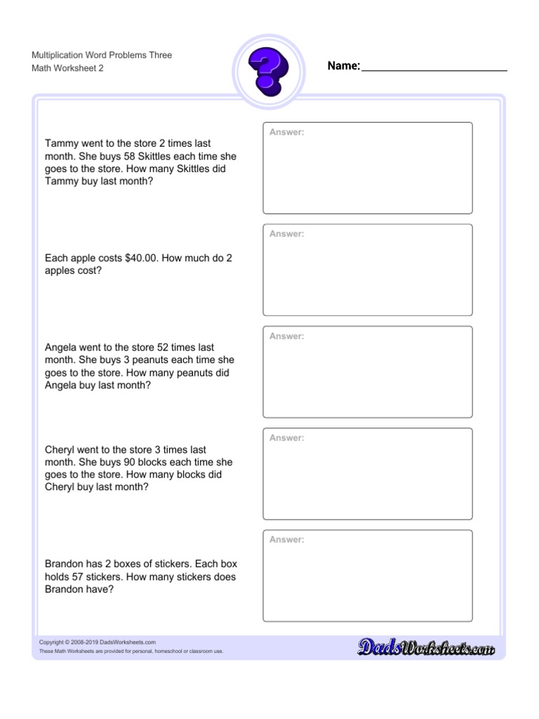 Multiplication Word Problems Worksheets For Grade 2