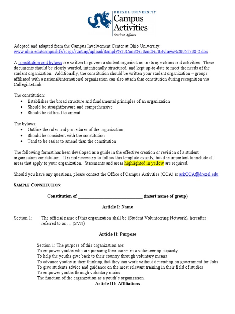Skeleton Constitution and Bylaws | PDF | Constitutional Amendment ...
