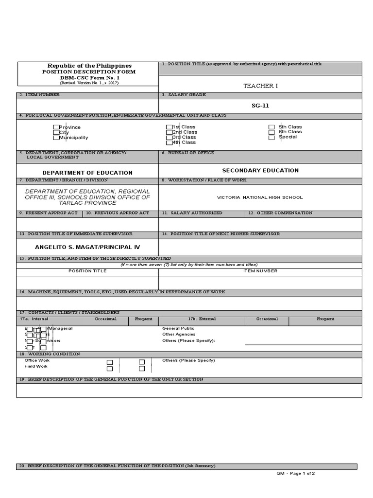 Republic of The Philippines Position Description Form DBMCSC Form No