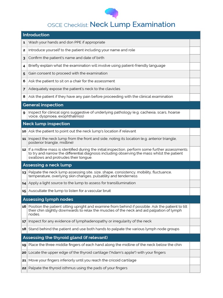 Neck Lump Examination OSCE Checklist | PDF | Neck | Thyroid