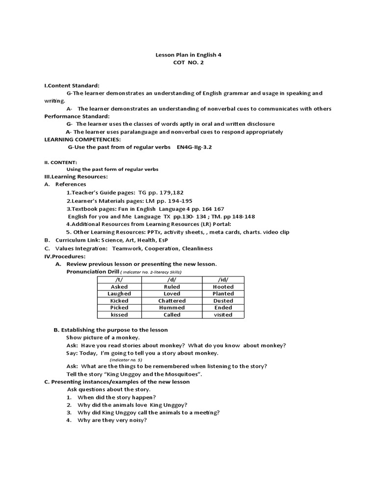 Past Tense Lesson Plan for Grade 4 | PDF | English Language | Learning
