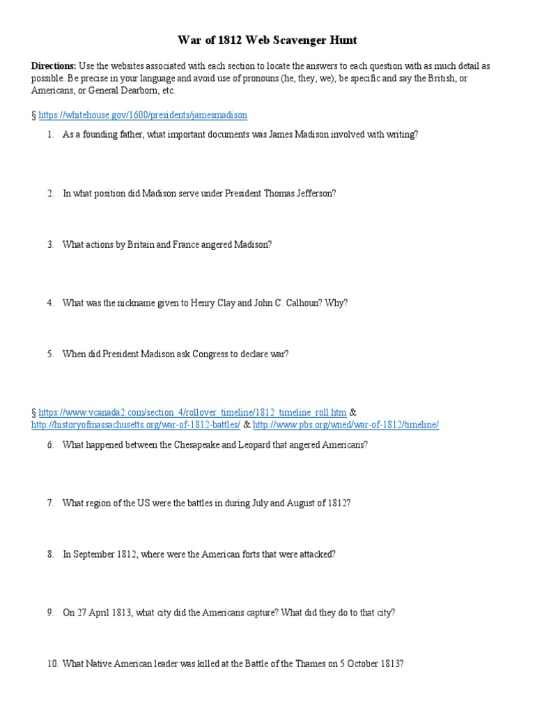 War of 1812 Scavenger Hunt | PDF | War Of 1812 | James Madison