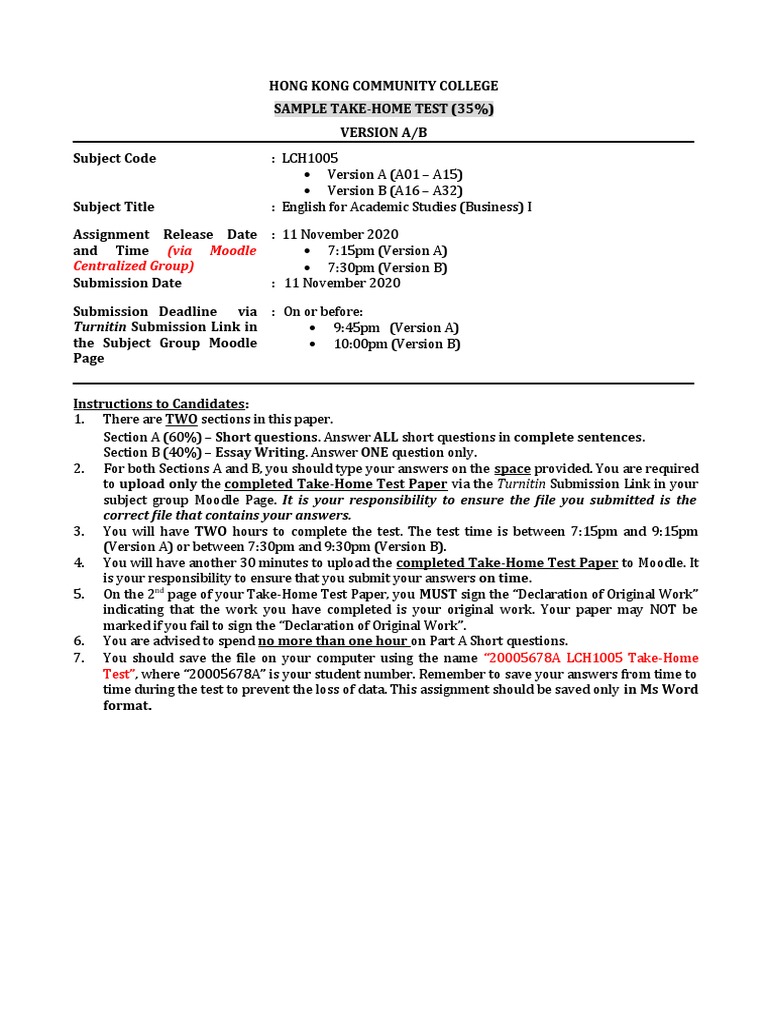 Test Notes - LCH1005 English For Academic English - SAMPLE TAKE-HOME ...