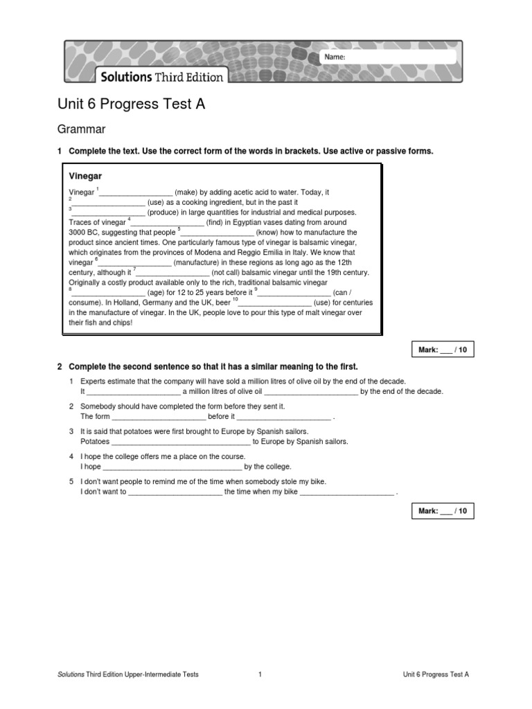 Unit 6 Progress Test A Answers | PDF | Vinegar | Sleep