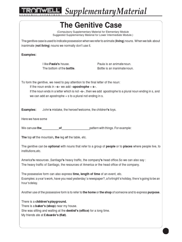 Supplementary Material The Genitive Case PDF Linguistic Morphology