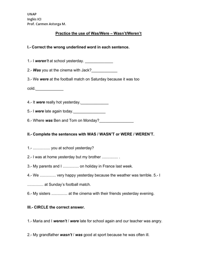 Was/Were Grammar Practice Exercises | PDF